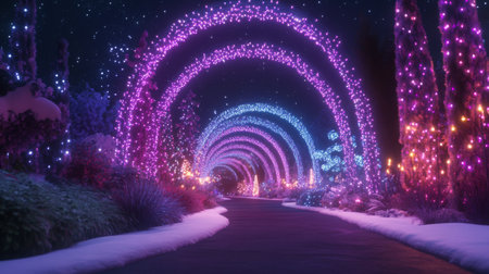 Experience the enchanting beauty of a magical winter tunnel, adorned with vibrant lights. This serene pathway creates a festive ambiance, perfect for holiday celebrations.の素材