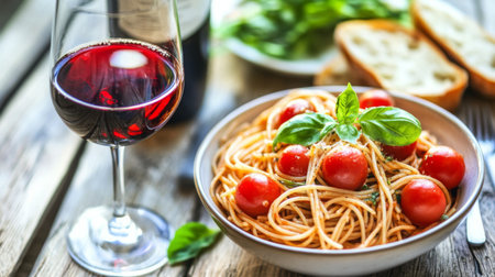 A vibrant bowl of pasta topped with fresh tomatoes and basil, paired with a glass of red wine, creating the perfect dining experience.の素材