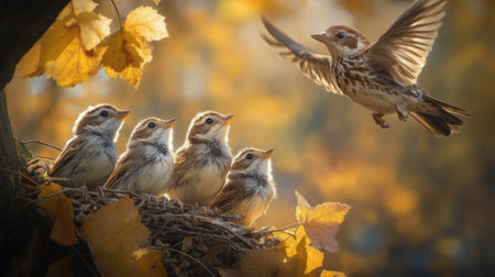 A heartwarming scene of young birds in a nest under vibrant autumn leaves, capturing a moment of nature's beauty and life as a parent bird takes flight.の素材