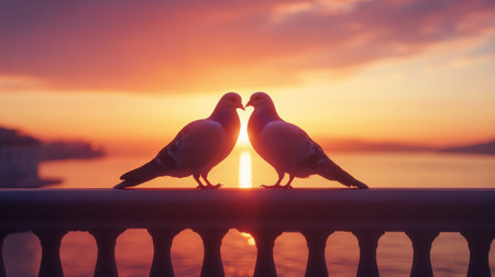 Two pigeons share a loving moment during a stunning sunset by the water, highlighting nature's beauty and the warmth of their connection amidst a serene backdrop.の素材