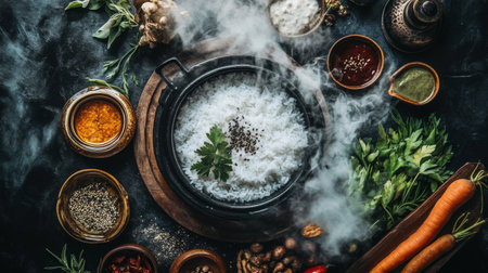 A beautiful arrangement of aromatic rice with various herbs and spices creating an inviting atmosphere in a kitchen setting. Perfect for culinary projects.の素材