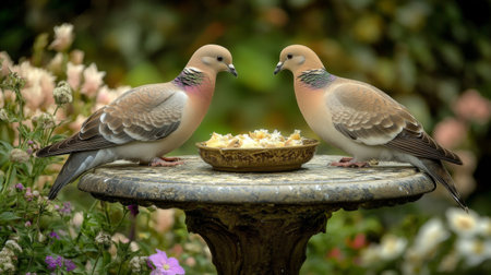 Two beautiful doves enjoy a meal on a decorative plate in a vibrant garden filled with flowers, creating a serene and peaceful atmosphere.の素材