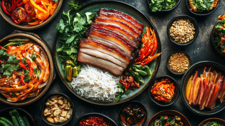 A vibrant platter showcasing Asian cuisine with sliced pork, fresh vegetables, and aromatic herbs, perfect for food lovers seeking delicious meal ideas.の素材