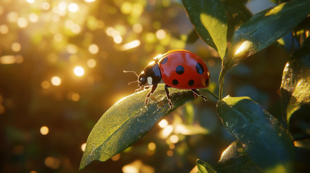 A vibrant ladybug sits on a green leaf, illuminated by sunlight. This macro shot captures the charm of nature, showcasing the beauty of wildlife.の素材