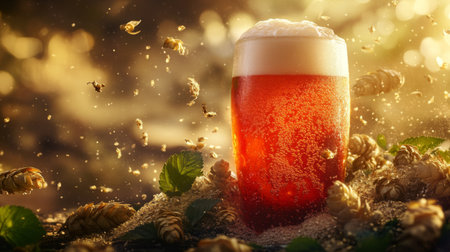 A refreshing glass of amber craft beer with frothy foam and hops. This vibrant image captures the essence of brewing and enjoyment, perfect for beverage enthusiasts.の素材
