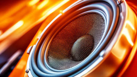 Vibrant close-up of a high-fidelity sound speaker showcasing intricate details. Ideal for music and technology-related themes, this image highlights audio performance and modern design elements.の素材