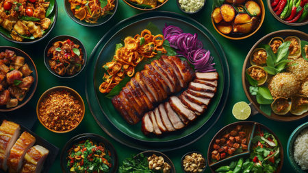 A vibrant spread of assorted Asian dishes featuring beautifully arranged protein, colorful vegetables, and aromatic herbs on a table, perfect for a feast.の素材