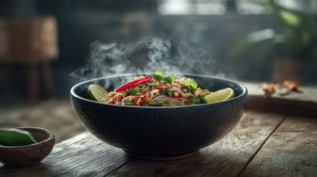 A steaming bowl of aromatic Asian noodles topped with fresh herbs, lime wedges, and colorful vegetables, set against a rustic wooden backdrop.の素材