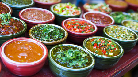 Discover a vibrant collection of fresh salsas presented in colorful bowls, showcasing a variety of flavors and textures perfect for any culinary occasion.の素材