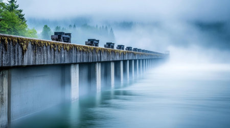 A serene misty dock extends over calm water, surrounded by tranquil fog and lush greenery. Ideal for themes of nature, peace, and solitude.の素材