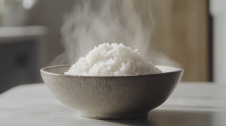 A steaming bowl of freshly cooked rice sits invitingly on a table, showcasing its fluffy texture and comforting warmth, perfect for any meal.の素材
