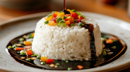 A beautifully presented rice dish topped with colorful vegetables and drizzled with rich sauce, perfect for food enthusiasts and culinary presentations.の素材