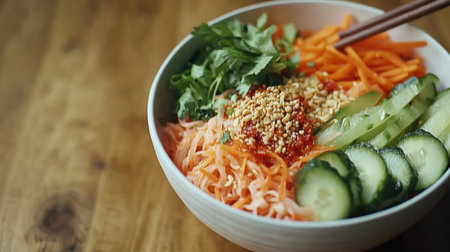 A vibrant salad bowl featuring fresh vegetables, herbs, and nuts. Ideal for promoting healthy eating, gourmet meals, and colorful cuisine options.の素材