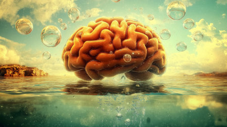 A surreal depiction of a brain floating above tranquil water, surrounded by bubbles. This imaginative image evokes thoughts on creativity and the depths of human cognition.の素材