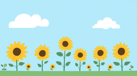 A cheerful illustration of bright sunflowers standing tall under a blue sky. This vibrant scene captures the essence of summer and nature's beauty.の素材