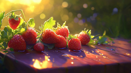 A stunning image of fresh strawberries resting on a wooden table, illuminated by soft sunlight, showcasing their vibrant color and freshness. Perfect for food and nature themes.の素材