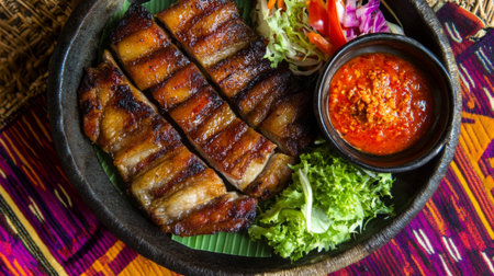 A vibrant platter featuring grilled meat slices accompanied by fresh vegetables and a spicy sauce, perfect for celebrating culinary traditions and flavors.の素材