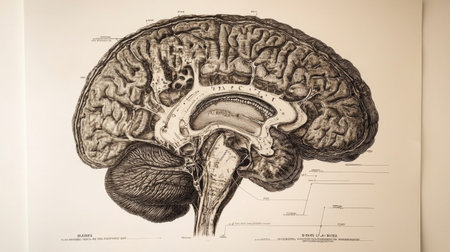 A high-quality illustration depicting the intricate details of the human brain, perfect for educational purposes, medical studies, and artistic inspiration.の素材