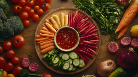 Delight in a vibrant assortment of fresh vegetables served on a wooden platter, featuring a variety of colors and a delicious dipping sauce, perfect for healthy snacking.の素材