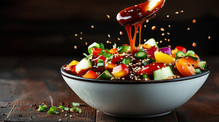 A vibrant bowl of fresh salad featuring colorful vegetables and a rich sauce dripping from a spoon, perfect for healthy dining and culinary inspiration.の素材
