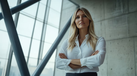 A confident business woman stands in a modern office setting, gazing thoughtfully out of large glass windows. Her poised expression conveys professionalism and determination.の素材