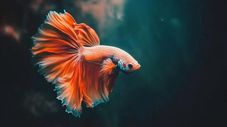 A stunning betta fish displays its vibrant orange fins while swimming gracefully in dark water, creating a captivating underwater scene rich in color and elegance.の素材