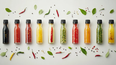 A vibrant lineup of sauce bottles showcasing various flavors and spices. Perfect for culinary creations, garnishing, or enhancing dishes.の素材