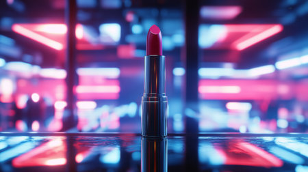 A striking close-up of a vibrant red lipstick on a reflective surface, surrounded by captivating neon lights, perfect for beauty and fashion themes.の素材