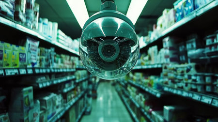 A close-up view of a surveillance camera in a supermarket aisle, highlighting modern security technology in a retail environment. Ideal for topics on safety and monitoring.の素材