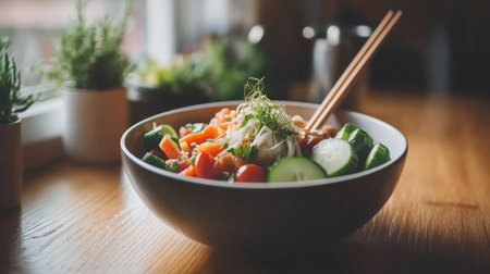 A vibrant vegetable noodle bowl featuring fresh ingredients like cucumber and tomato, garnished with herbs and served with wooden chopsticks. Ideal for health enthusiasts.の素材