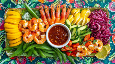 A vibrant platter filled with fresh shrimp, colorful vegetables, and a tangy sauce, perfect for a healthy and delicious meal or appetizer.の素材