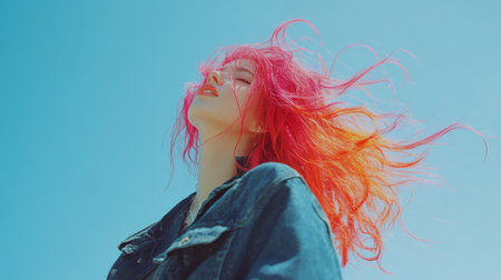 A young woman with vibrant pink hair stands against a bright blue sky. The flowing hair and joyful expression capture a spirit of freedom and confidence.の素材