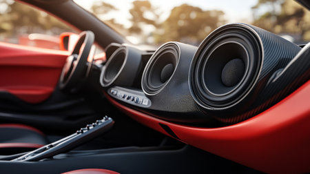 Explore this stylish car interior showcasing a modern sound system. The sleek design with red and black tones highlights luxury and advanced technology.の素材