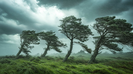 Captivating scene of trees bending in a fierce wind under a stormy sky, showcasing the powerful forces of nature in a dramatic, green landscape.の素材