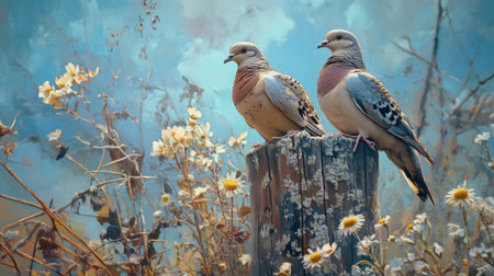 Two beautiful birds perched on a weathered post amidst a blooming landscape, capturing the essence of nature's tranquility and vibrant colors.の素材