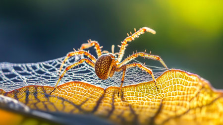A mesmerizing close-up of a spider carefully resting on its intricate web, showcasing the delicate patterns and vibrant colors in its natural environment.の素材