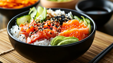 A vibrant sushi bowl featuring fresh salmon, vegetables, and rice, garnished with wasabi and sesame. Perfect for a healthy dining experience.の素材