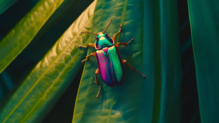 A vibrant, colorful beetle rests on a green leaf, showcasing its iridescent wings. This close-up captures the beauty of nature's intricate details and patterns.の素材