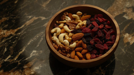 A wooden bowl filled with a colorful mix of assorted nuts and dried fruits, perfect for a healthy snack or garnish. Ideal for food styling.の素材