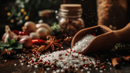 Explore the vibrant world of spices and sea salt in a rustic kitchen setting, featuring fresh herbs, aromatic ingredients, and a wooden scoop. Perfect for culinary inspiration.の素材