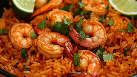 This vibrant dish features succulent shrimp on a bed of flavorful rice, garnished with fresh herbs and lime wedges, perfect for any meal.の素材