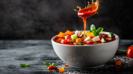 A vibrant bowl of vegetable soup showcases fresh ingredients with a splash of flavor. Ideal for healthy meal recipes and culinary presentations.の素材