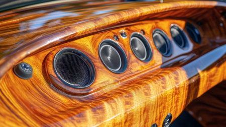 This image showcases the luxurious wood interior of a classic car, featuring polished surfaces, detailed craftsmanship, and elegant audio speakers. A perfect representation of automotive excellence.の素材