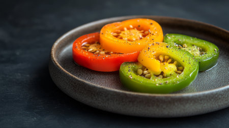 Freshly sliced red, yellow, and green bell peppers on a stylish plate. Perfect for healthy meals, nutrition, or culinary presentations with vibrant colors.の素材