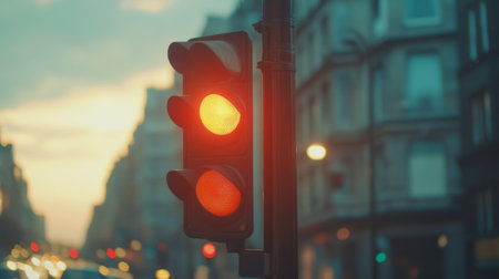 A red traffic light glows at dusk, signaling vehicles to stop. The urban backdrop features blurred buildings and lights, capturing the evening ambiance.の素材