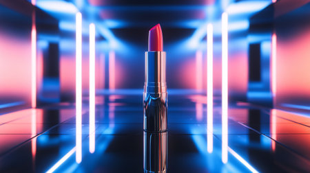 A stunning image of a vibrant red lipstick set against a colorful neon background. This artistic portrayal highlights beauty and modern design in a glamorous fashion aesthetic.の素材