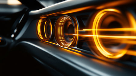 A captivating close-up of a car dashboard featuring ambient light. This image highlights the modern design elements and sleek aesthetics of automotive interiors.の素材