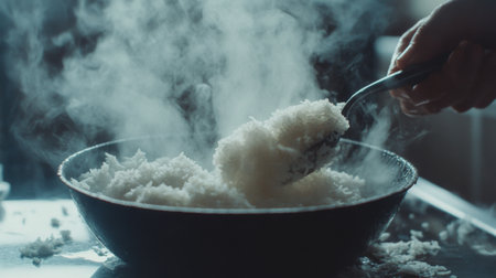 A steaming bowl of freshly cooked rice, showcasing the fluffy texture and inviting aroma. Perfect for food lovers and culinary themes.の素材