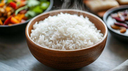 A steaming bowl of white rice served in a wooden bowl, accompanied by colorful vegetable dishes. Perfect for showcasing healthy, delicious meals.の素材