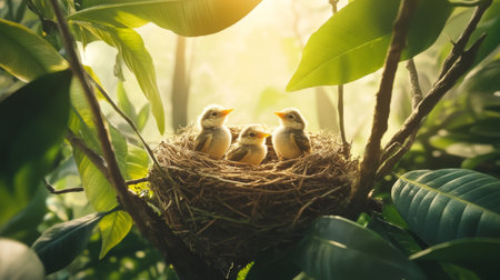 A serene scene featuring young birds nestled in a cozy nest, surrounded by lush green foliage and gentle sunlight, symbolizing growth and new beginnings.の素材